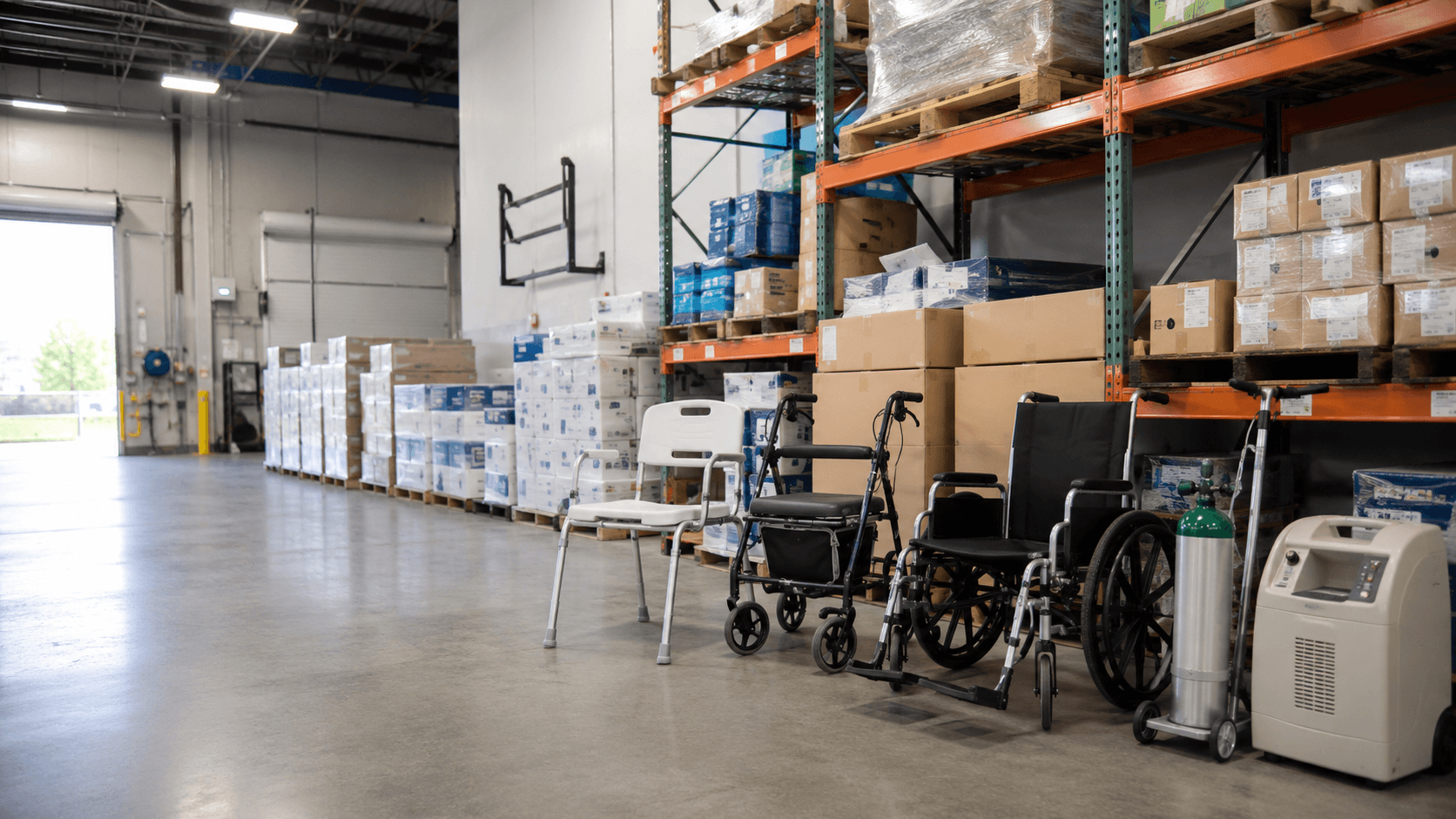 Home medical equipment arranged in a bright care setting